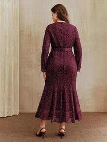 Anewsta Valentine Plus Size Purple Formal Banquet Elegant Square Neck Lace Rhinestone Belt Long Sleeve Dress - Purple - View 7
