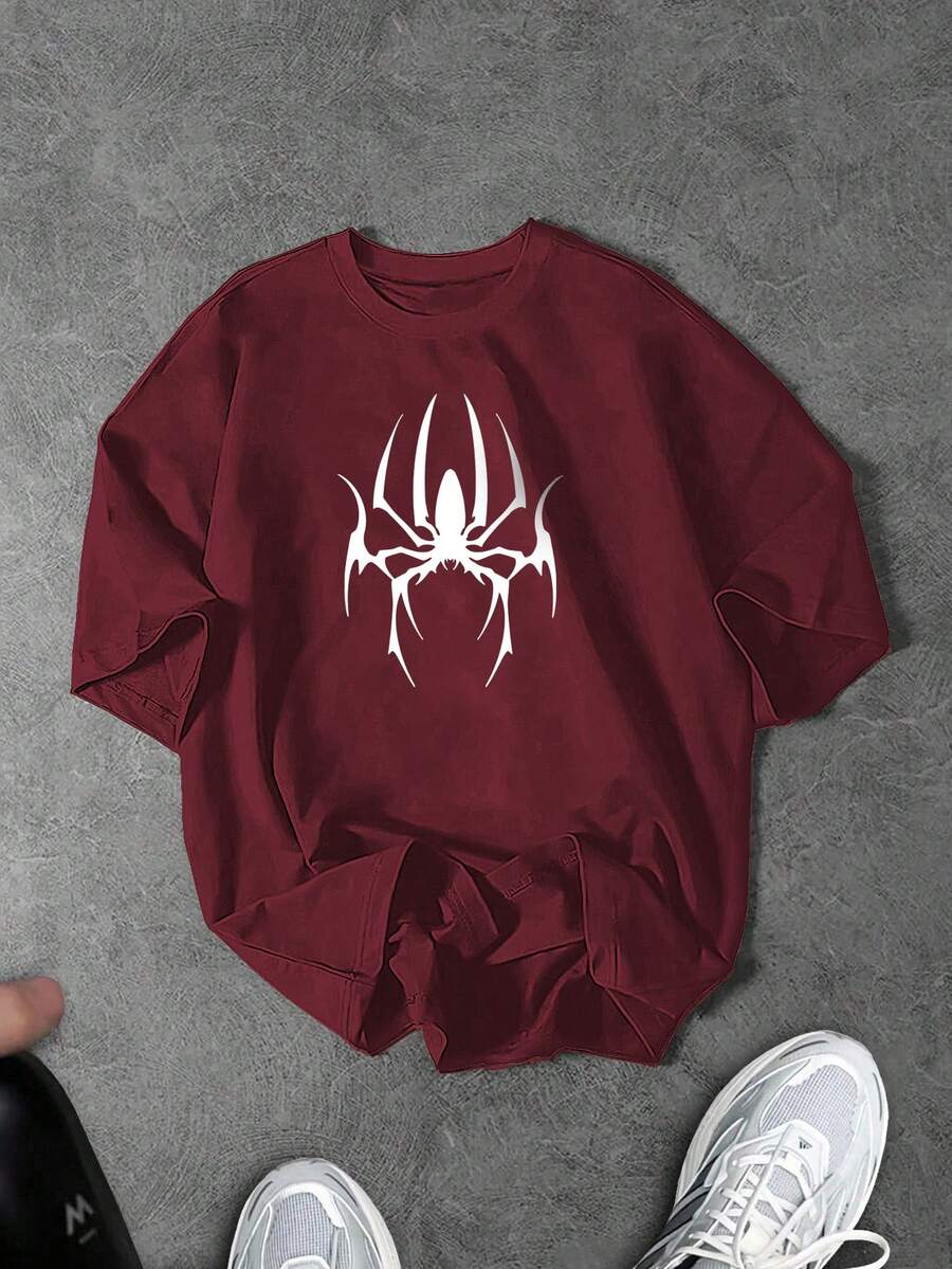 Sport MetroGents 男士休闲蜘蛛印花圆领T恤，适合运动和日常穿着 - 紅色 - 查看 1