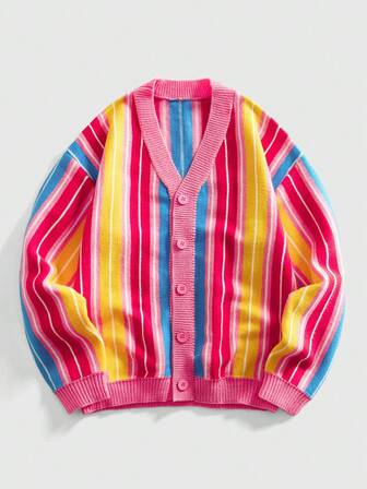 Men's Striped Loose Fit Long Sleeve Single-Breasted Casual Knit Cardigan