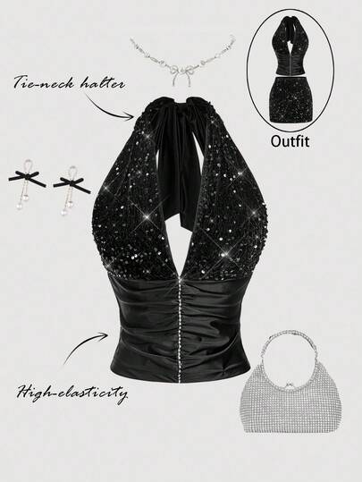 SHEIN MOD Women's Velvet Sequin Patchwork Backless Halter Top, Christmas, New Year, Party, Party Top, Sequin, Shiny Top, Black Top, Luxury Evening Top For Weddings, Beach, Halter Top, Fall/Winter, Sexy Costume For Women, Sexy Top, Glitter Top