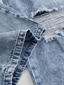 SHEIN Quần jeans denim rách ống đứng đơn giản, rộng rãi, giặt sạch dành cho bé gái tuổi teen + Quần denim cạp chun cơ bản + Quần denim rách màu xanh nhạt, phù hợp với mọi mùa, chất liệu vải thoải mái - Rửa nhẹ - Xem 8