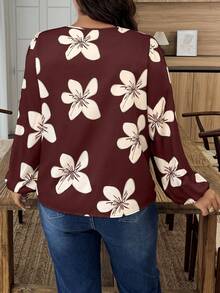 Weeklong Plus Size Women Floral Print Ruched Front Tie Lantern Sleeve Blouse - Multicolor - View 2