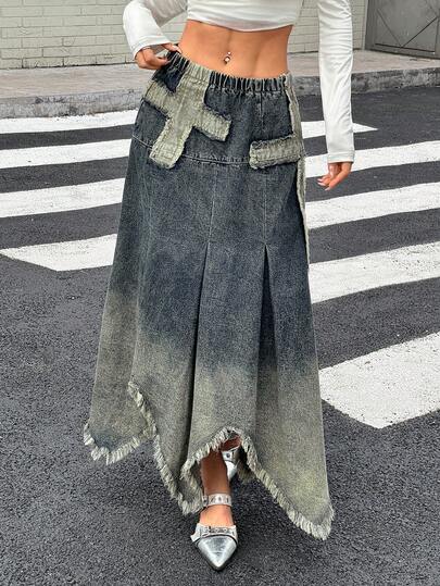 Rivivi Women's Vintage Patchwork Cross Distressed Denim A-Line Skirt, American Style