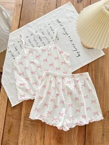 SHEIN Tween Girls Minimalist Bow Print Camisole & Short Sleeve Casual Pajama Set, 2pcs, Summer