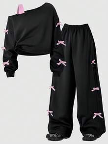 Sparklyn 2 件/套女孩超大休闲设计不对称肩带撞色天鹅绒蝴蝶结点缀长袖上衣和阔腿裤套装，适合春季、秋季、冬季的日常、通勤、休闲、度假、聚会、街头风格 - 黑色 - 查看 5