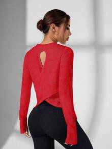 Easithlete Easithlete 女士纯色简约长袖休闲运动T恤 红色健身上衣 长袖健身上衣 女式长袖运动衫 露背健身上衣 女式健身上衣 - 紅色 - 查看 5