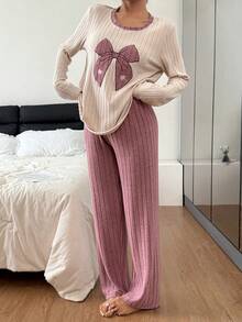 SHEIN Dam stickad ribbad fleece med fjärilsbroderi och rund halsringning, avslappnad långärmad pyjamasset - Multifärgad - Visa 4