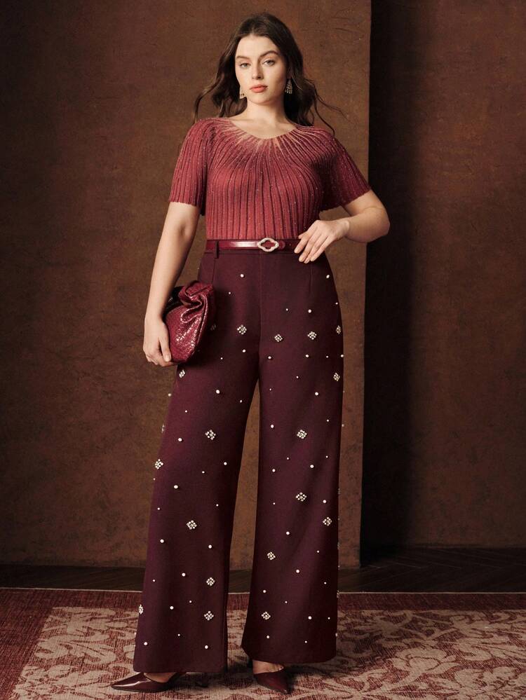Women's Autumn Fashionable Loose Elegant Rhinestone Wide Leg Plus Size Pants, Women's Stylish Long Pants, Women's Thanksgiving Fashionable Evening, Fall, Winter, New Year, Elegant, Chic, Stylish, Christmas, Going Out, Winter For Women