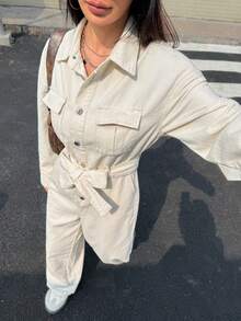 Rivivi Women's Casual Everyday Commute Fashion Street Flap Pocket Belted Loose Denim Jumpsuit - Apricot - View 1