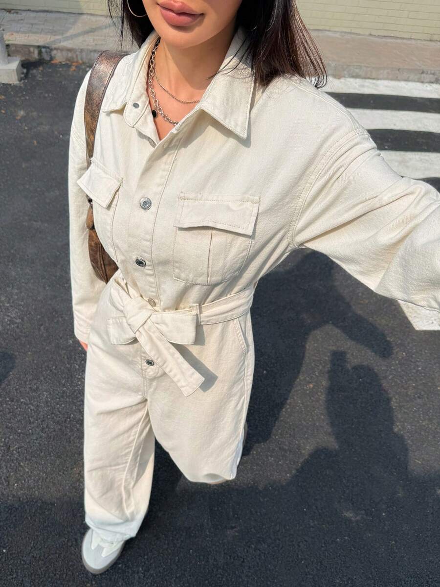 Rivivi Women's Casual Everyday Commute Fashion Street Flap Pocket Belted Loose Denim Jumpsuit - Apricot - View 1