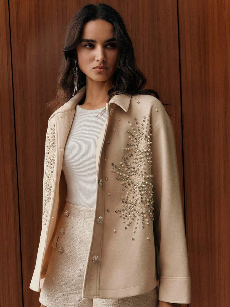 Women's Embroidered & Beaded Long Sleeve Overcoat, Minimalist Design, Autumn/Winter