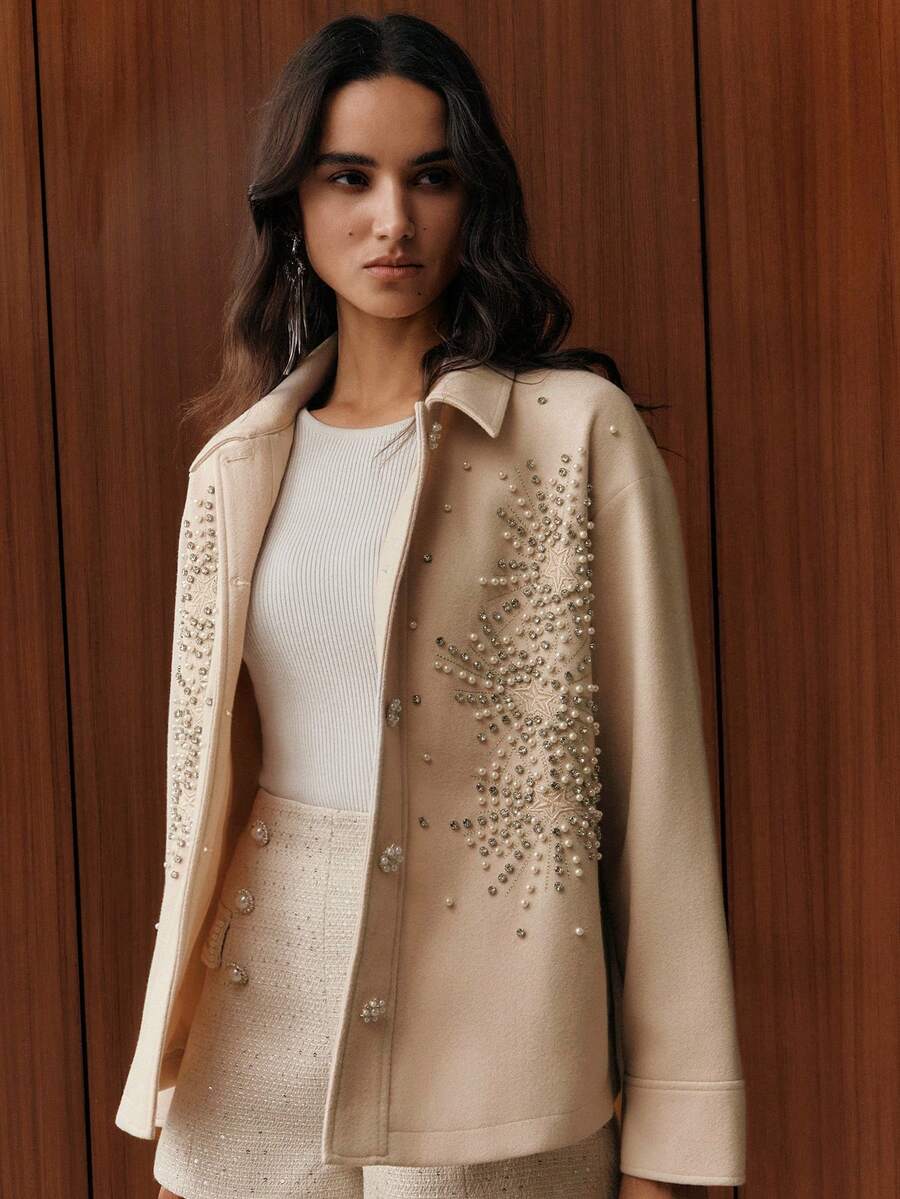 Anewsta 女士刺绣串珠长袖外套，简约设计，秋冬款 - 杏色 - 查看 1