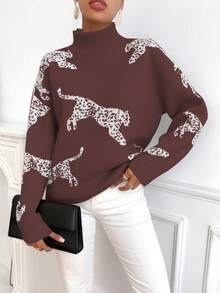 SHEIN Clasi Women's Fashionable Animal Pattern Stand Collar Sweater, Autumn/Winter - Coffee Brown - View 3