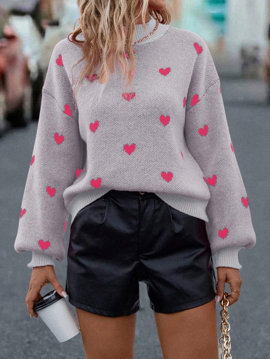 EMERY ROSE Heart Pattern Lantern Sleeve Sweater, Casual Autumn/Winter - Light Grey - View 1