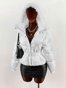 Amplova Women's White Winter Puffer Jacket With Belt,Elegant Casual Hooded Solid Color Long Sleeve Jacket For Thanksgiving,New Year Occasion Clothes - Multicolor - View 1