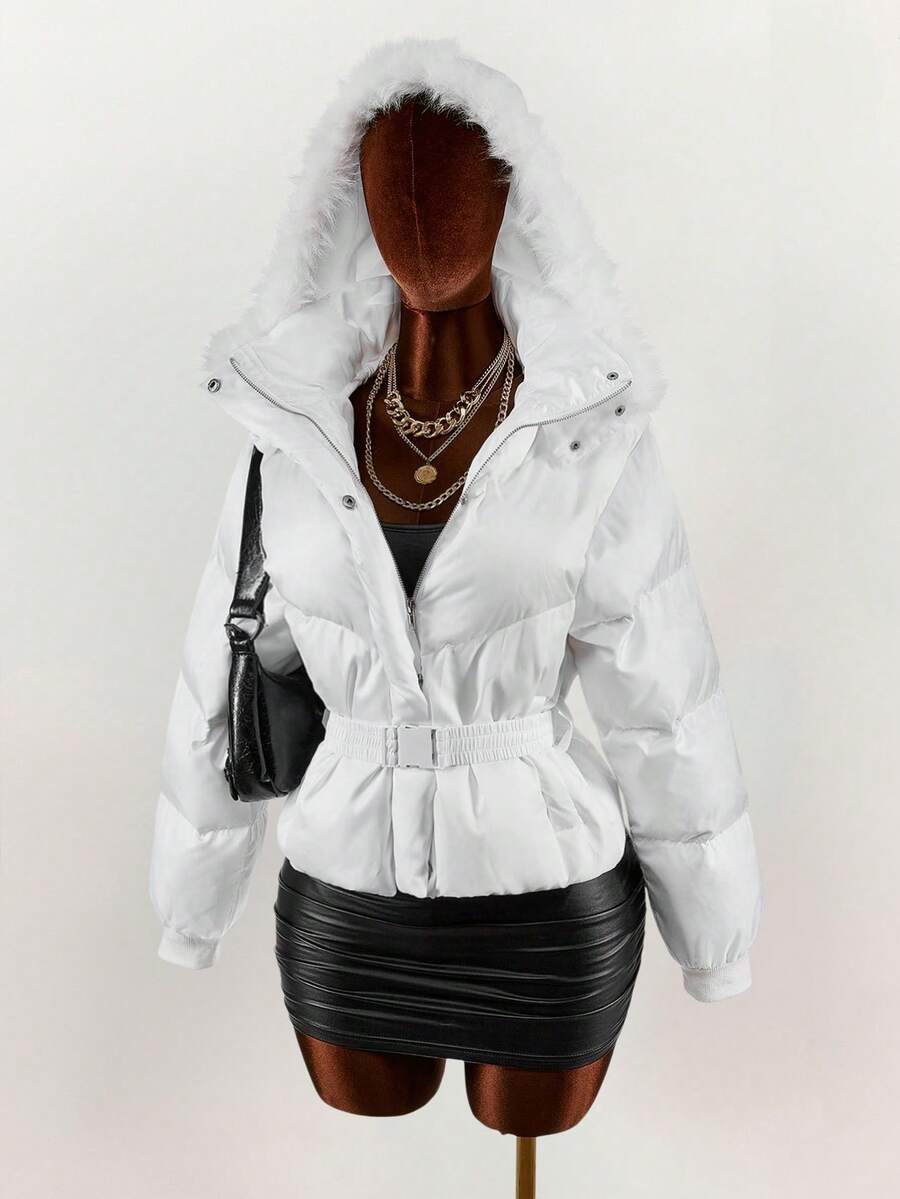 Amplova Women's White Winter Puffer Jacket With Belt,Elegant Casual Hooded Solid Color Long Sleeve Jacket For Thanksgiving,New Year Occasion Clothes - Multicolor - View 1