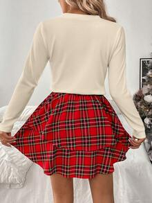 Chiquease 2pcs/Set Fitted Red Plaid Bow Accent Outfit, Suitable For Christmas, Autumn/Winter - Beige - View 2