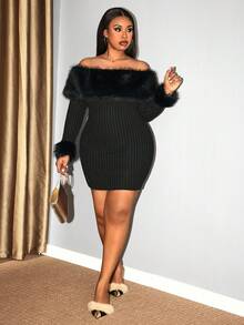 Hourglow Christmas Plus Size Elegant Commuter Fuzzy Patchwork Off-Shoulder Fitted Dress