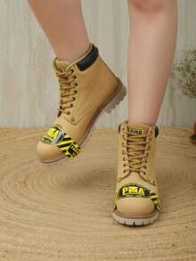 Bota masculina punta redonda casco de acero cordones suela antideslizante estilo industrial resistente trabajo  botas - Marrón - Ver 2
