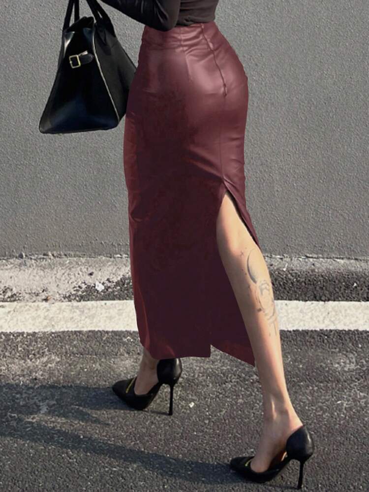 Women's PU Bodycon Slit Skirt Winter Women Skirts Leather Skirts