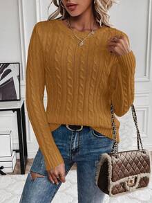 SHEIN LUNE 女式休闲粗线图案圆领长袖毛衣，秋冬 - 芥末黃 - 查看 4