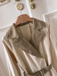 SHEIN Frenchy Damen Farbblock Kragen Raglanärmel Lässig Modisch Vielseitig Trenchcoat, Herbst/Winter Kontrast-Farbe Khaki Braun Trenchcoat, Essenzieller Alltags-Styling Klassisch Vintage-inspirierte Oberbekleidung, Wintermantel, Thanksgiving - Aprikosenfarben - Übersicht 5