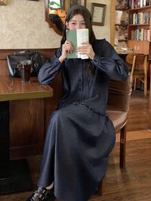 DAZY Women's Peter Pan Collar Long Casual Denim Dress - Dark Wash - View 6