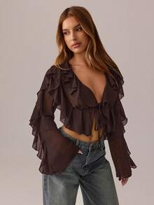 SHEIN SXY Black Top;Fall Women Clothes;Crop Tops;Holiday Costume Party Gathering Black Mesh See-Through Lotus Leaf Strap Deep V Neck Women Sexy Long Sleeve Shirt Brown Blouses Ruffle Tops Sexy Blouses Dark Brown Top Chocolate Brown Top - Brown - View 3