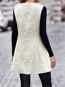 EMERY ROSE Women's Autumn/Winter Beaded Tweed Sleeveless Jacket, Waist Cinched, Elegant - Apricot - View 2