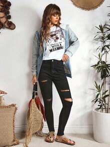 EMERY ROSE Jeans pitillo negros con bolsillos sesgados y rotos - Negro - Ver 1