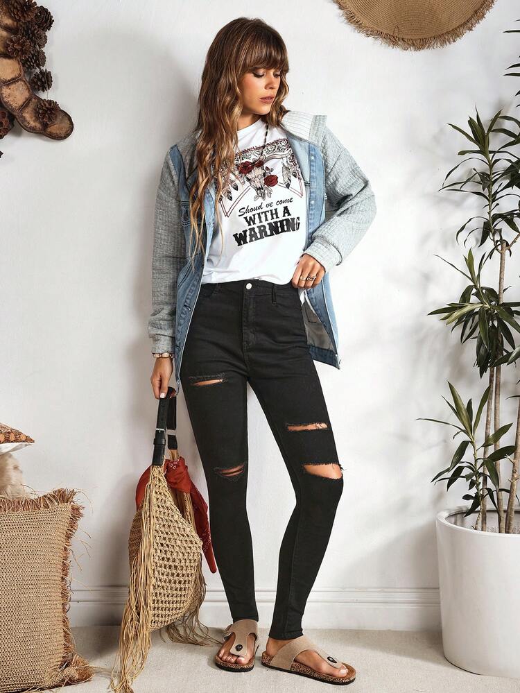 EMERY ROSE Celana Jeans Skinny Sobek dengan Kantong Miring Warna Hitam - Hitam - View 1