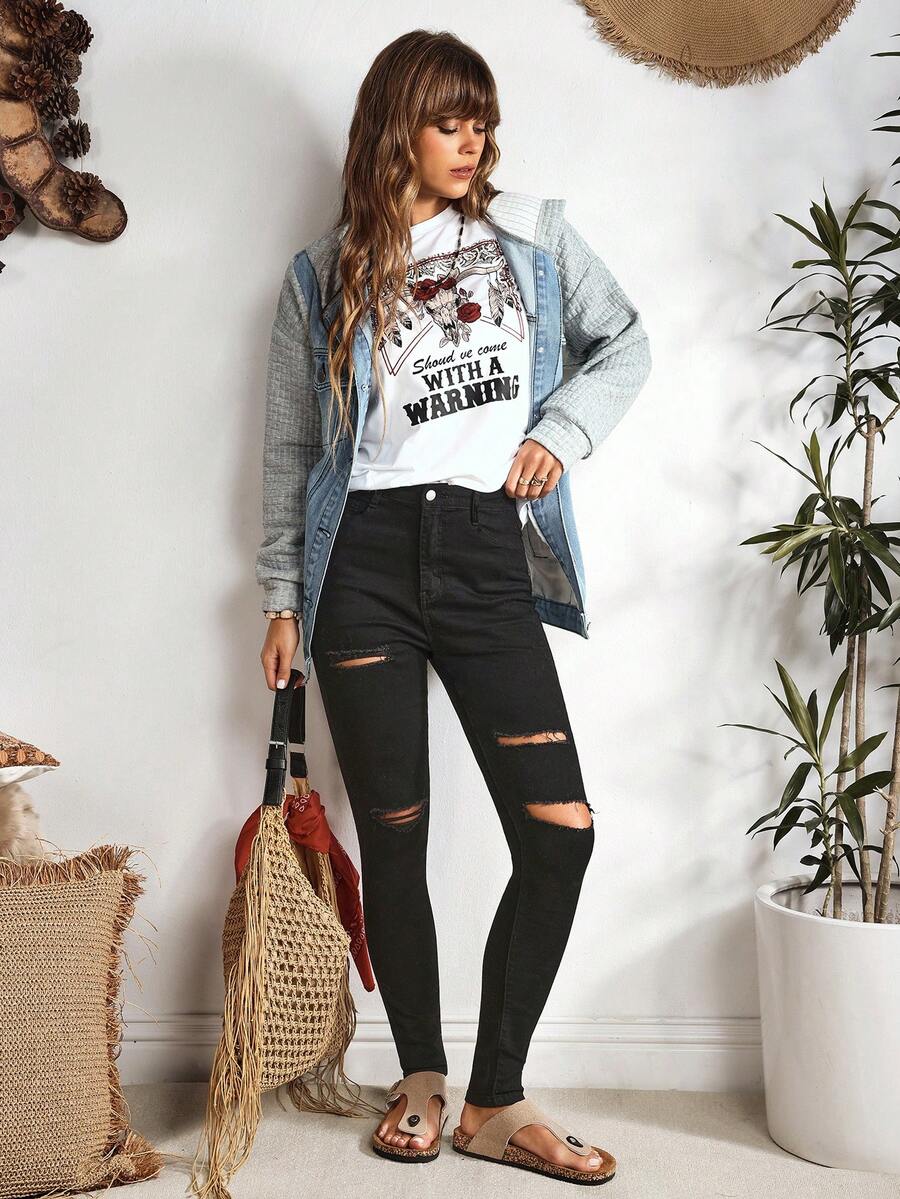 EMERY ROSE Jeans pitillo negros con bolsillos sesgados y rotos - Negro - Ver 1