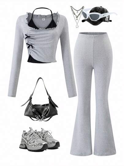 2 件套青少年女孩修身短款长袖高领上衣，带蝴蝶结装饰 + 高腰喇叭裤，秋季