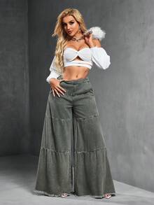 SHEIN SXY 女式宽松男友风破洞下摆拼布牛仔裤 - 軍綠色 - 查看 5