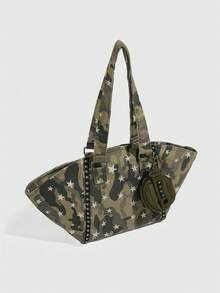 ROMWE Grunge Punk 1pc Punk-Style Star-Pattern Camouflage Crossbody Bag, Paired With A Tactical Wallet Pouch Pendant, A Sweet And Cool Star-Decorated Handbag - Army Green - View 4