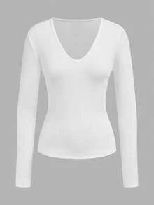 SHEIN EZwear 2 件女式深 V 领罗纹修身长袖 T 恤套装，休闲基本款套头衫，适合秋冬季，时尚，返校季，街头风格 - 彩色 - 查看 3