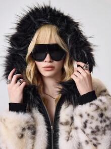 ROMWE EDITION Jaqueta Básica Feminina Oversized Com Capuz E Estampa De Leopardo, Estilo Retrô Y2K, Com Blocos De Cores. - Caqui - Ver 7