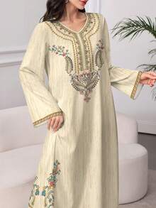 Al Najma Women's Floral & Digital Print V-Neck Long Sleeve Elegant Arabic Style Maxi Dress, Spring/Autumn - Multicolor - View 3