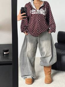 POPSWAY 大码女式棕色复古波点卫衣，休闲日常简约设计，美拉德波点拉链卫衣，配金属孔眼和字母印花，百搭Y2K朋克风，轻盈透气，适合秋冬季节，拉链卫衣，学院风，返校季必备 - 彩色 - 查看 1