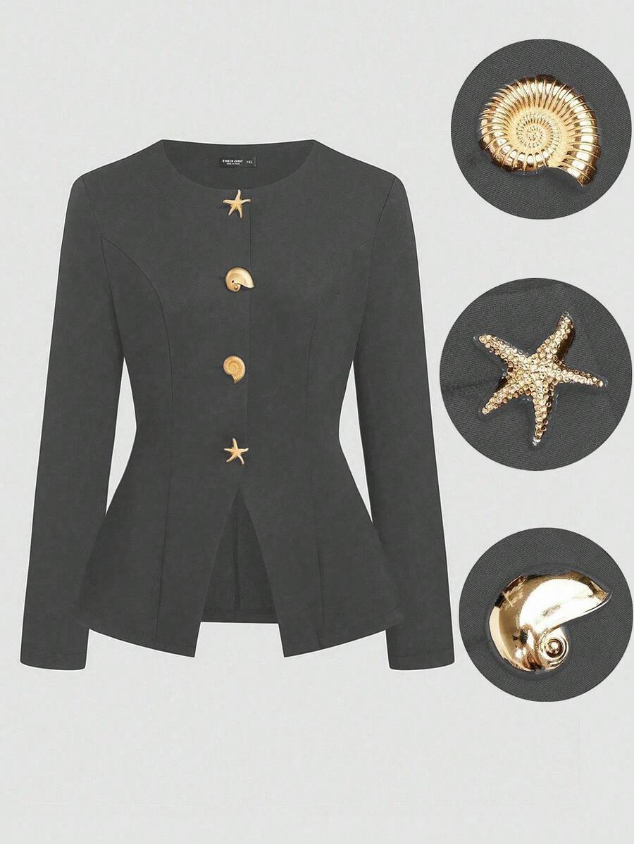 SHEIN Sweetro Plus Size Casual Commuter Metal Buckle Decor Jacket - Dark Grey - View 1