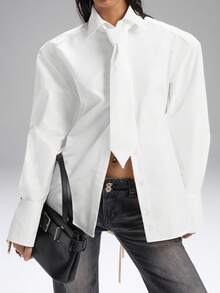 LYSMO Áo sơ mi dài tay cổ bẻ, thắt lưng, đệm vai cỡ lớn màu trắng tối giản mới 2025 dành cho nữ, phù hợp mặc hàng ngày, đi làm, trang phục công sở, phong cách học sinh, thời trang thành thị - trắng - Xem 1