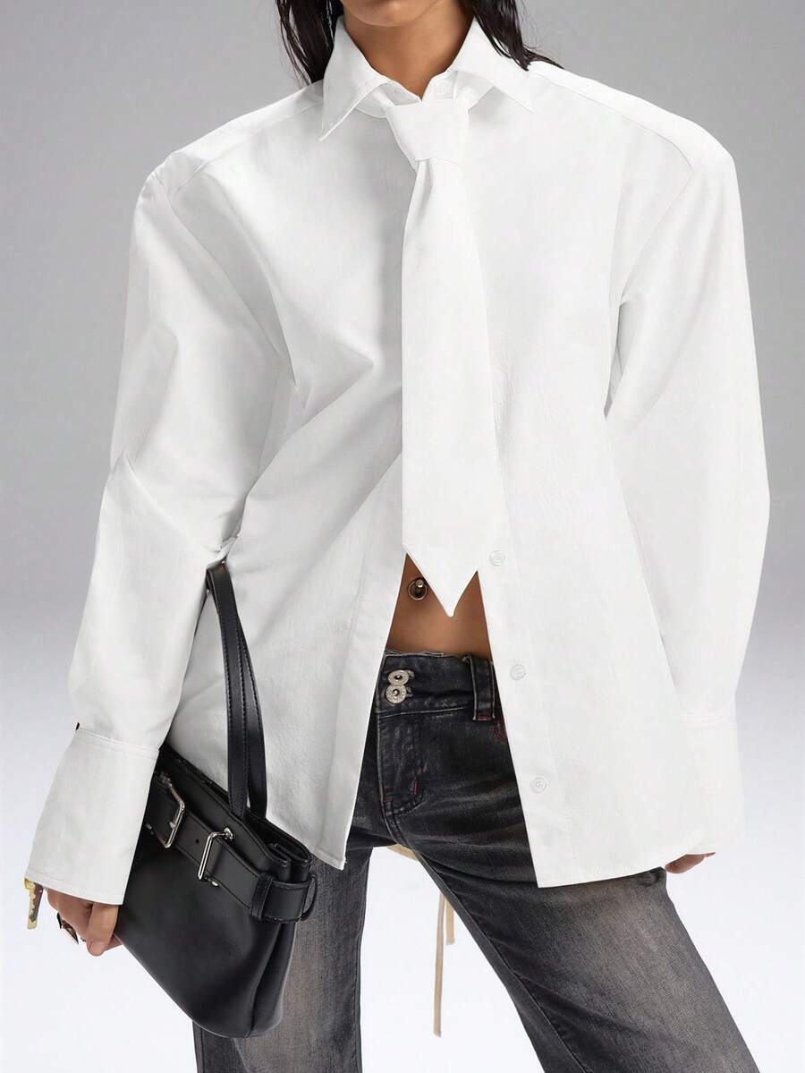 LYSMO Áo sơ mi dài tay cổ bẻ, thắt lưng, đệm vai cỡ lớn màu trắng tối giản mới 2025 dành cho nữ, phù hợp mặc hàng ngày, đi làm, trang phục công sở, phong cách học sinh, thời trang thành thị - trắng - Xem 1