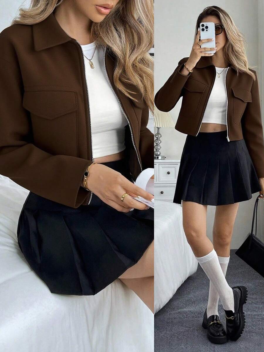 Chiquease Áo khoác lửng trơn màu thường ngày dành cho nữ, đa năng cho mùa thu - Cà phê nâu - Xem 1