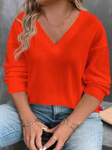 EMERY ROSE Áo thun cổ tròn họa tiết bánh quế cơ bản cỡ lớn, thời trang thường ngày, màu cam, thu/đông - trái cam - Xem 5