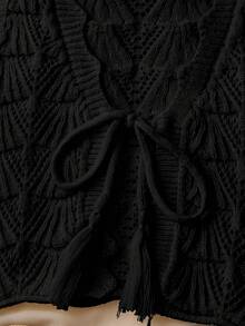 SHEIN Unity Áo len cardigan không tay buộc khoét lỗ màu trơn thời trang thu đông ngọt ngào cho nữ - màu đen - Xem 3