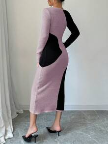Elenzga Vestido de suéter de punto acanalado con bloques de color elegante para mujer, otoño/invierno - Rosa coral - Ver 2