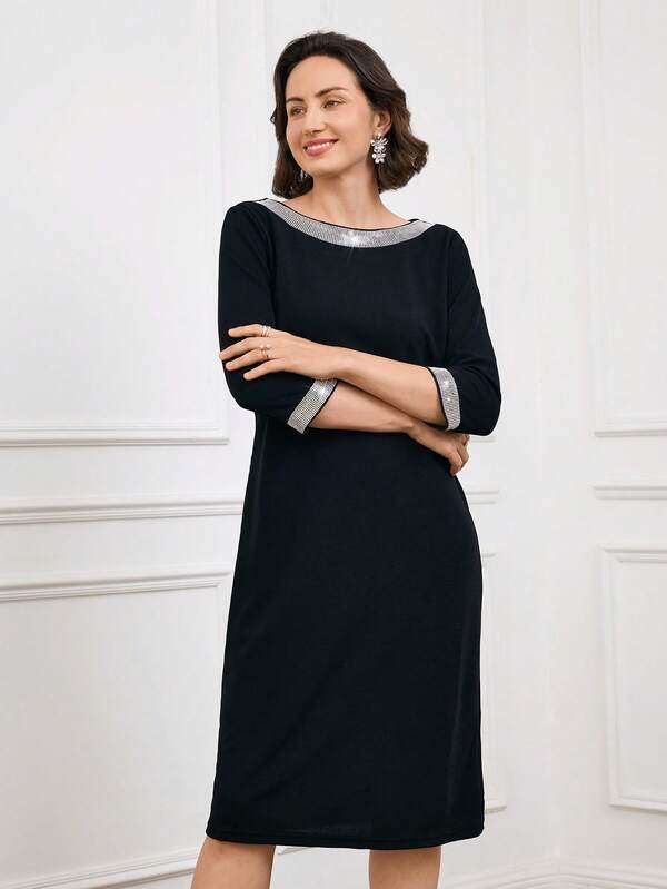 EMERY ROSE Plus Size Casual Elegant Black Fashion Dress, Elegant Party Mid-Length Black Dress With Rhinestone Decor, Suitable For Work/Spring, Autumn And Winter Elegant Party Occasion Ladies Elegant Dress, Winter Dress, Winter Dresses For Women, Plus Size Black Elegant Dress, Elegant Dresses For Party , Autumn/Winter, Going Out Outfits,2025 New Clothes, Simple And Fashionable For Everyday Wear, Plus Size Winter Clothes, New Year Dress, Comfortable And Breathable, Flowy Dress, Christmas Outfit For Women, New Year Clothes, Modest Dress For Women, Suitable For Multiple Occasions, Christmas, Date Night Outfits Women, Night Party, Elegant Party, Date Night Outfits Women, Thanksgiving Outfit For Women