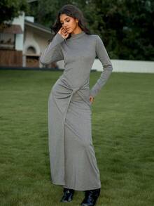 Chiquease Fitted High Neck Fashionable Maxi Dress For Women Suitable For Daily Wear, School, Graduation Ceremony, Retro Street, Commute, Leisure, Sports, Home - Grey - View 3