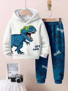 SHEIN Young Boys Casual Loose Comfortable Cartoon Animal Cute Dinosaur Sports Style Graffiti Loose Fit Long Sleeve Hoodie 2 Pieces Set, Suitable For Autumn/Winter Boys Dinosaur Clothes Boys Hoodie And Sweat Pants Kids Hoodies Boys Dinosaur Hoodie And Sweatpants Set Boys Dinosaur Sweatshirt Fall - Multicolor - View 2