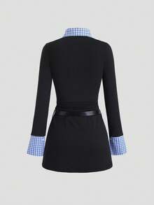 Sweetra Vestido de mujer de ajuste ceñido con cintura fruncida, estilo patchwork a cuadros de estilo americano - Multicolor - Ver 2